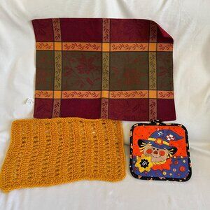 Set Of Fall Linens: Woven Burgundy Table Runner Yellow Crochet Placemat & Hallow